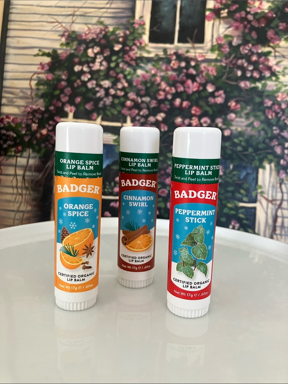 Badger Organic Lip Balms Peppermint Stick Orange Spice, Cinnamon Swirl